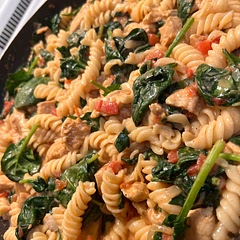 Creamy Cajun chicken pasta. I added spinach and changed the noodle. Came out so good! 