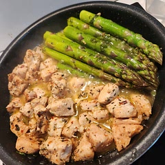 Really simple and tasty! The asparagus was amazing when I followed the recipe, tender yet crunchy. The sauce compliments the chicken and the garnish well. Will certainly do it again!