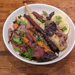 Lovely. Roasted on bed of carrot tops with basil and cilantro. Might add a bit of sugar next time. 