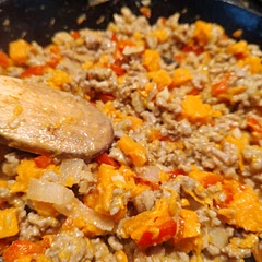 I used red pepper instead of yellow. The meecrowavay was a good trick for speeding up sweet potato. I did qp minutes at 50 percent power. 
 I also add my ingredients differently, like my Nana taught me:onions and pepper, garlic, then turkey, seasoning with each step, sweet potato, cubed, and a handful of mozz. Easy week night dish.