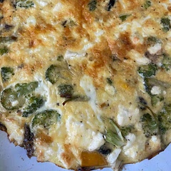 Nice! I used goats cheese in chunks, also red onion and yellow pepper. I cooked it on the hob and browned it under the grill til it was set.