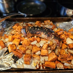 Added sweet potato, carrots, and onion to the pan to roast with the pork loin (1.5 lbs)