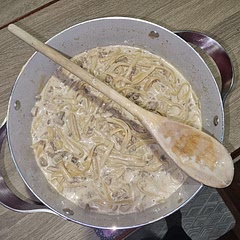 Added some garlic and salt and pepper. Noodles cooked better broken in half so they submerged better straight away 