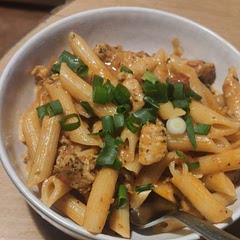 Very happy with how it turned out, however next time I'd either boil pasta separately or add more tomato sauce.