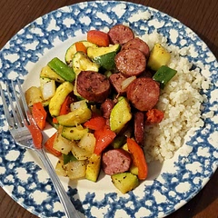 Made with andouille sausage, added a bit if a kick snd bolstered flavor. Served with cauliflower rice.