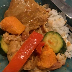 Microwaved the sweet potato to soften up a little before adding in. Also added a sliced red bell pepper and chopped zucchini at the end. Delicious!