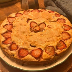 Half the sugar, not a very thick cake but still light while being moist. I arranged some strawberry slices on the top to give it a slightly more decorative feel. Good as a dessert or breakfast.