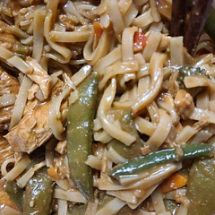 Be sure to drain noodles before they're soft so that you can sauté at the end to reduce the sauce.
Didn't have any veggies on hand, so I used a bag of frozen stir fry veggies. I'm sure it would be better with fresh. Needed more seasoning for my tastes.