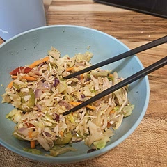 I used shredded chicken cause that's what I had and a little fish sauce instead of housine (also, just what I had) and it was DELISH. I added some crushed red pepper for spice and I cooked it with some bell peppers for some more variety. Super yummy