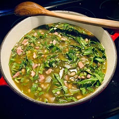 Used homemade chicken stock.  I think it needs a ham hock or bone as suggested. Had to do a lot of seasoning but turned out good.
