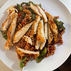 Being greedy had a whole breast each!  Used spelt fusilli to add more fibre.
