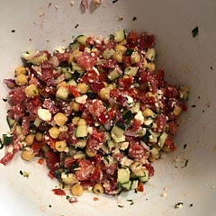 Simple and easy salad to have in the fridge to keep for the week.  Filled me up and kept me from snacking.