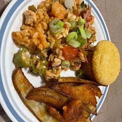 Followed recipe. Used shrimp, chicken, and sausage. Served with corn bread muffins, some stuffed (not pictured), and potato wedges. Jury is out on taste but it looks gorgeous so I’ll update.