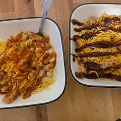 We prefer white cheddar Mac and cheese, otherwise this is one of our favs and everyone can choose their own sauces