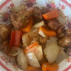 Added peppers. Use ninja foodi so airfryed the chicken rather than deep fry for 10 mins on one side at 175 and the other side for 5 mins at 200. Changed to sear mode to finish off the rest