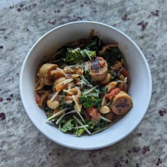 Used both canned and sun dried tomatoes, added a ton more red pepper flakes, splash of cashew milk, chicken apple sausage
I would do a full onion next time 