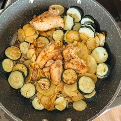 I scalloped my potatoes and used zucchini instead of kale. Really simple. Very tender chicken. Easy one pan meal.