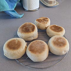 7 minutes a side seems to work for me. I also flattened the dough to closer to 1/2 inch instead of an inch and got perfect sized muffins. This recipe makes the most BEAUTIFUL dough!!