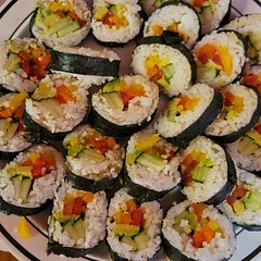 We used red, yellow, and orange bell peppers, cucumbers, and avocado. Will definitely do this again and try it with a little Wasabi next time.  😉😋
