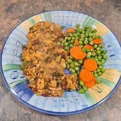 Used salmon not monkfish. Made 4 servings which made 5 decent portions. Extra water for additional servings meant it took a while for water to evaporate while cooking. Served with steamed garden peas, carrot and cauliflour.