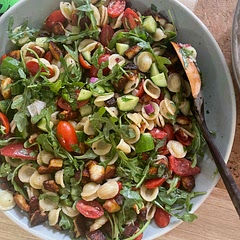 The fried halloumi cubes make this salad. Very refreshing and heavy on the salad for a pasta salad.