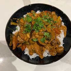 I added extra vegetables, pepper, courgette, aubergine and Choi sum. Served with jasmine rice. Really rich sauce, not too spicy.