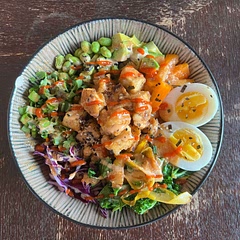 We made quite a few alterations to this recipe because we didn’t have radishes, bok choy, or cucumbers. We added kale, yellow carrots, bell peppers, and avocado instead and it turned out delicious! Also served with hard boiled eggs and sriracha aioli as a second sauce.