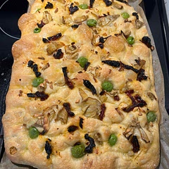 Focaccia with olives, artichoke, sun dried tomatoes and garlic
