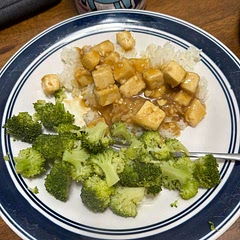 The sauce was very sweet. Probably needed more soy sauce for more savor. Need to press tofu and get as much water out as possible to see if that will help with crisping it up. Will probably try pan frying it next time.
