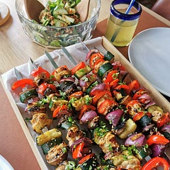 Really enjoyed these. Also used mushroom, and sesame seeds for garnish. The most time consuming part was skewering. 