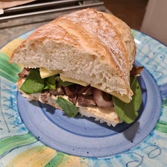 Use white cap mushrooms instead of portobello, spinach instead of watercress, cheddar instead of blue cheese. 1 ciabatta made 4 servings. Delicious!