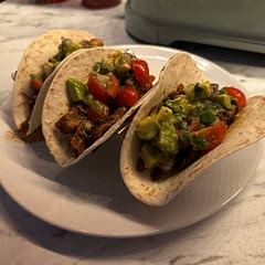 I didn’t have achiote, but I used a bit of adobo. Topped the tacos with some fresh guacamole (although I forgot that I had made some pickled red onions!)