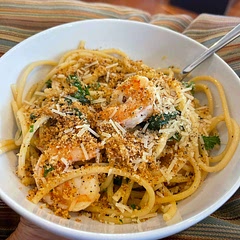 Tasty dinner! Pretty easy to make. Used a little over a pound of jumbo shrimp…any more would’ve been too much. The toasted bread crumbs were a surprising taste and texture addition.