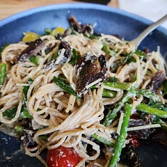 Very good! I used half n half instead of heavy cream. Also added some sauted asparagus tomatos and some leftover steak strips 