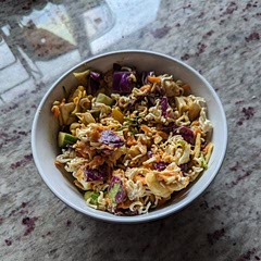 skipped the tofu and ginger, maple syrup (used brown sugar in place)

added chili flakes to the dressing and topped with dry ramen noodles. 

I would use more cilantro, cucumber, and lime next time. 