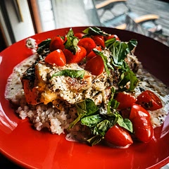 I also added spinach and sun-dried tomatoes to the cream cheese and pesto. Turned out great over the cauliflowered rice!