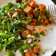 Added bok choy and sweet peas, on a base of pre-packaged cauliflower rice. Topped with green onion. Might try using less tamari next time.