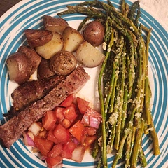 Flank steak was a bit tough. Will marinate or isr different cut next time. Tomato salad is incredible!