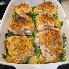 I loved the lemony sauce! My 16 year old son said it was the best chicken I’d ever made. 😲 Next time, I will thaw my peas a bit more. I baked for 7 minutes after adding the spinach and peas.