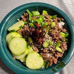 Used mix of tamari and soy sauce. Sautéed garlic and onion with beef. Added frozen peas with sauce. Served with cucumber slices quick pickled with rice vinegar and kosher salt.