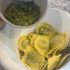 The basil came from my garden, and we let it sit for 2 days in the container before making the raviolis and YUM!!