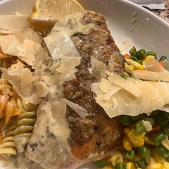 Made 6 chicken breasts, doubled the sauce.  Used GF flour in place of regular, and it was amazing!  10s across the board.  Served with pasta and veggies with a little cheese on top because we’re fancy.