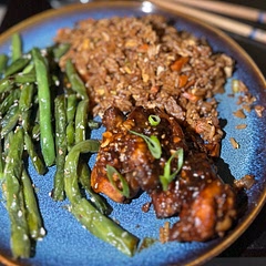 Served with sesame garlic green beans and egg fried rice. Amazing!