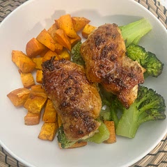I made myself chicken and my husband pork — but it was so good both ways. Very delicious meal!