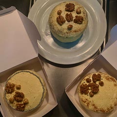 Made 3 different 2 layered 5” mini cakes. Reduced the sugar for both cake and frosting. Taste delightful. Cramelized some walnut and hazelnut along with a sprinkle of cinnamon powder as garnish