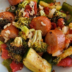Used veggies I had on hand (zucchini, broccoli, bell pepper, onion) added a can of tomatoes & served over Seeds of Change rice & quinoa. No shrimp. 