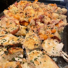SO GOOD. Roasted the chicken and veggies. Sliced. Topped with grated parm and broiled just long enough to melt cheese and make it crispy