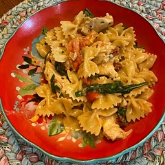 Added Tomato&Ricotta Pesto, sautéed chicken, spinach, and fresh tomatoes. 
Definitely need to taste to perfect spices and saltiness.