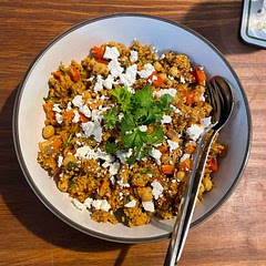 Subbed in soft apricots for the golden raisins & added tempeh at the start and some feta at the end - delicious!!
