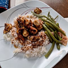 We added a little Japanese bbq sauce to the rice for more flavor. I would go a little bit heavier with seasonings next time. 
